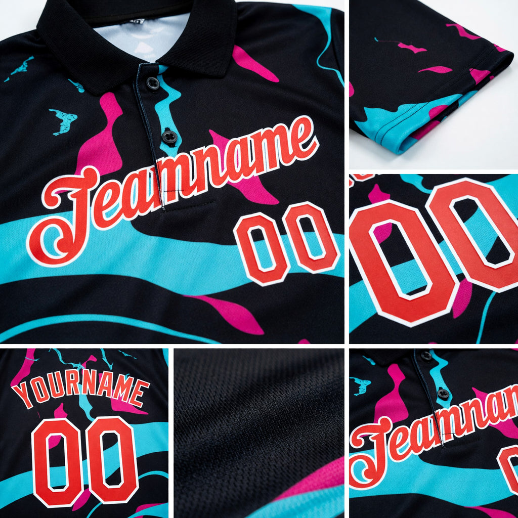 Custom Black Fire Red Ice Blue-Hot Pink 3D Esports Performance T-Shirt detail