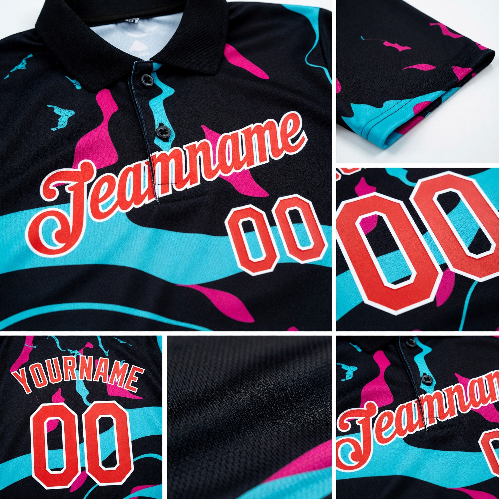 Custom Black Fire Red Ice Blue-Hot Pink 3D Esports Performance T-Shirt detail