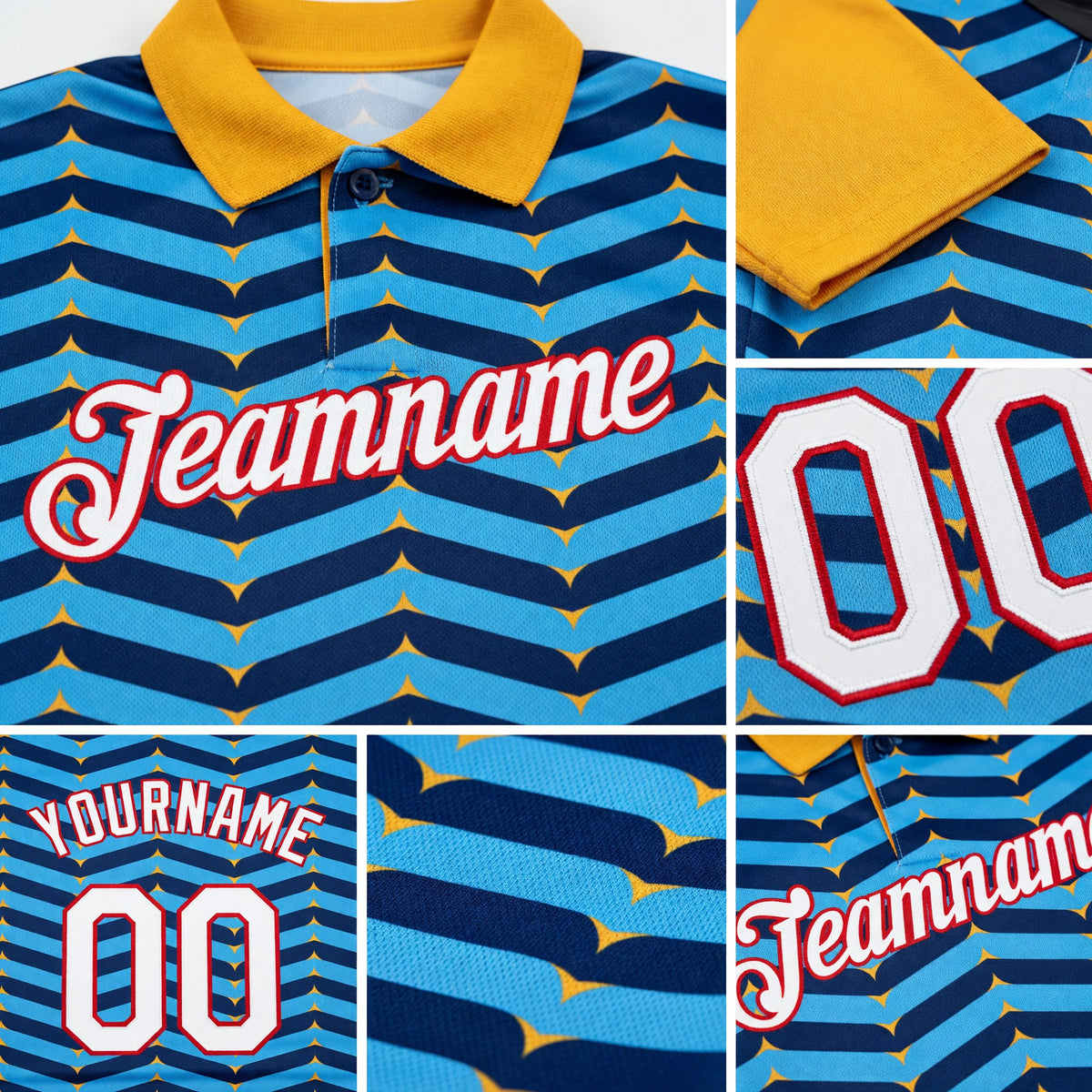 Custom Gold Sky Blue US Navy Blue-Red 3D Esports Performance T-Shirt detail