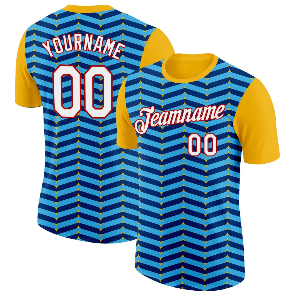 Custom Gold Sky Blue US Navy Blue-Red 3D Esports Performance T-Shirt photo 1