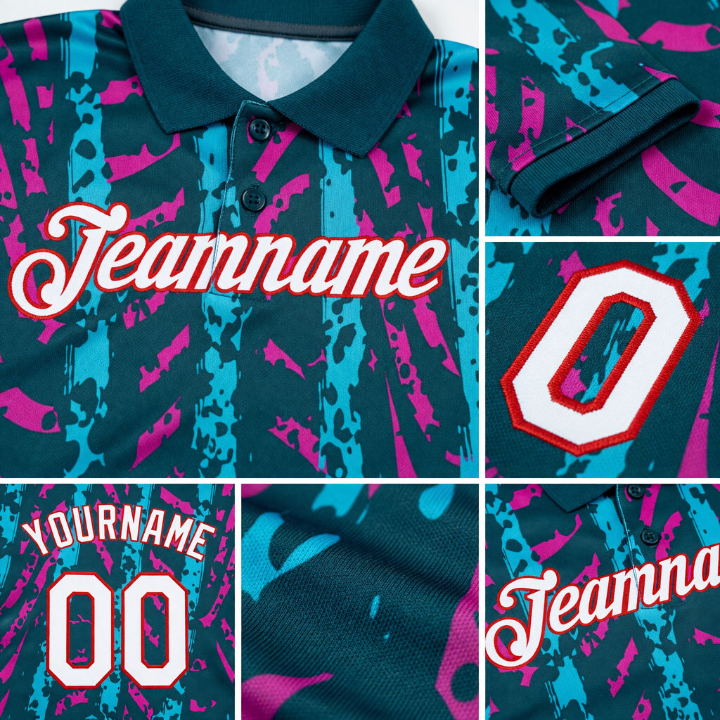 Custom Midnight Green Lakes Blue Deep Pink-Red 3D Esports Performance T-Shirt detail