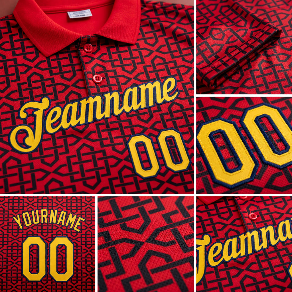 Custom Fire Red Gold Black-Navy 3D Esports Performance T-Shirt detail