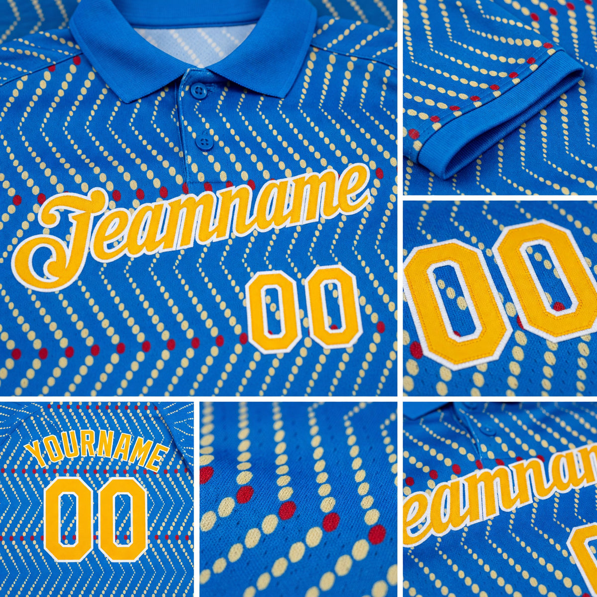Custom Powder Blue Gold Cream Red-White 3D Esports Performance T-Shirt detail