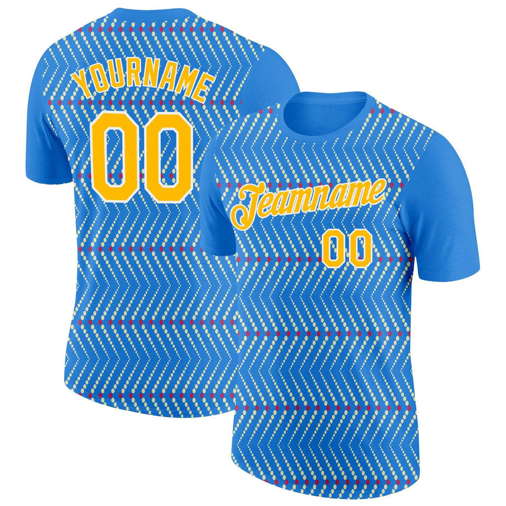 Custom Powder Blue Gold Cream Red-White 3D Esports Performance T-Shirt photo 1