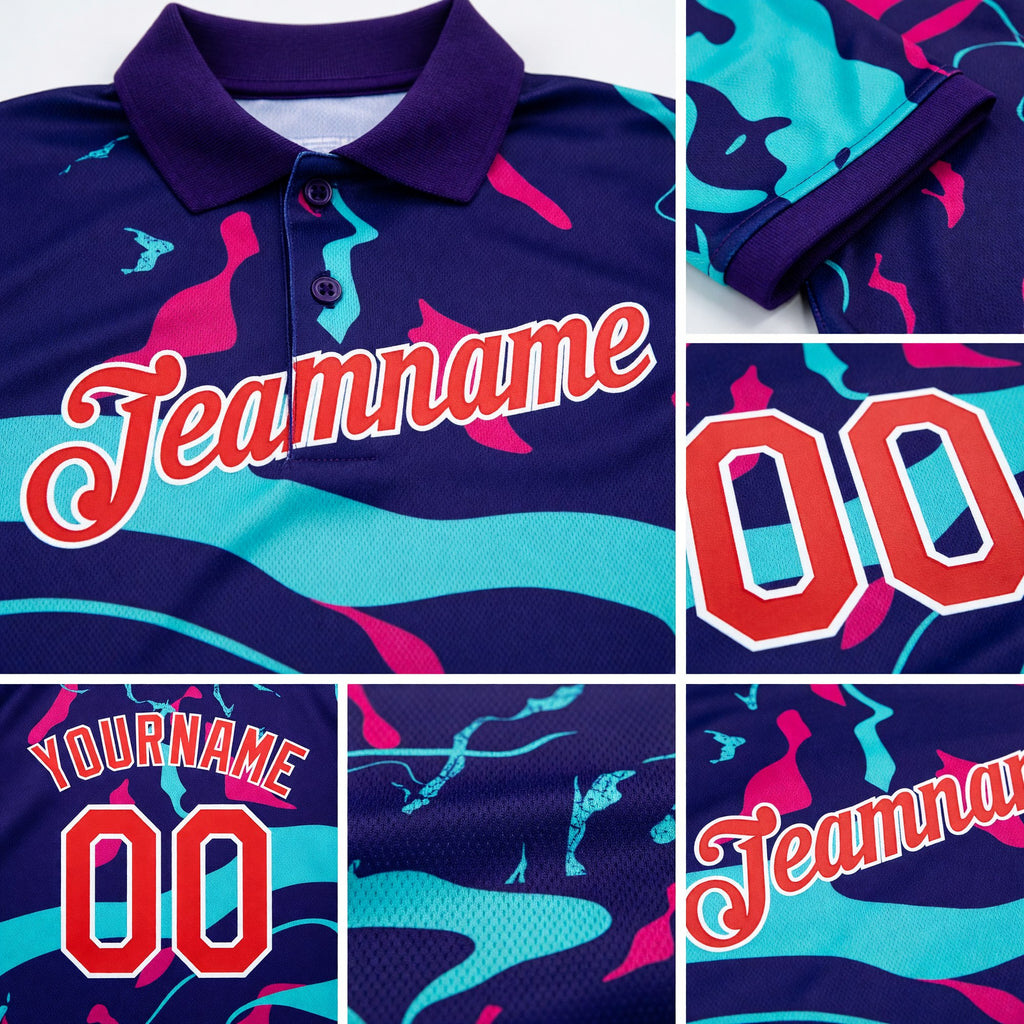 Custom Dark Purple Fire Red Ice Blue-Hot Pink 3D Esports Performance T-Shirt detail