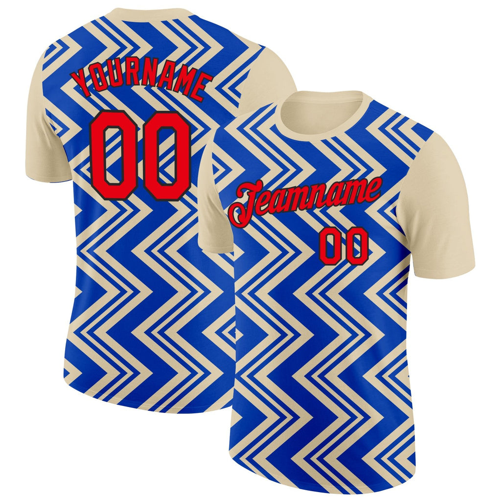 Custom Cream Fire Red Thunder Blue-Black 3D Esports Performance T-Shirt photo 1