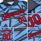 Custom Steel Gray Fire Red Light Blue-Black 3D Esports Performance T-Shirt detail