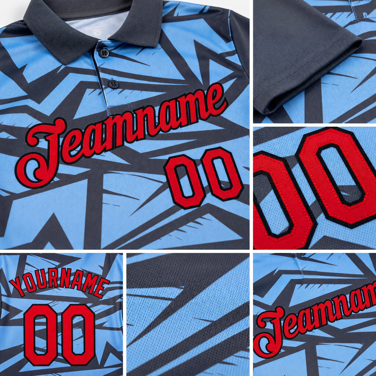 Custom Steel Gray Fire Red Light Blue-Black 3D Esports Performance T-Shirt detail
