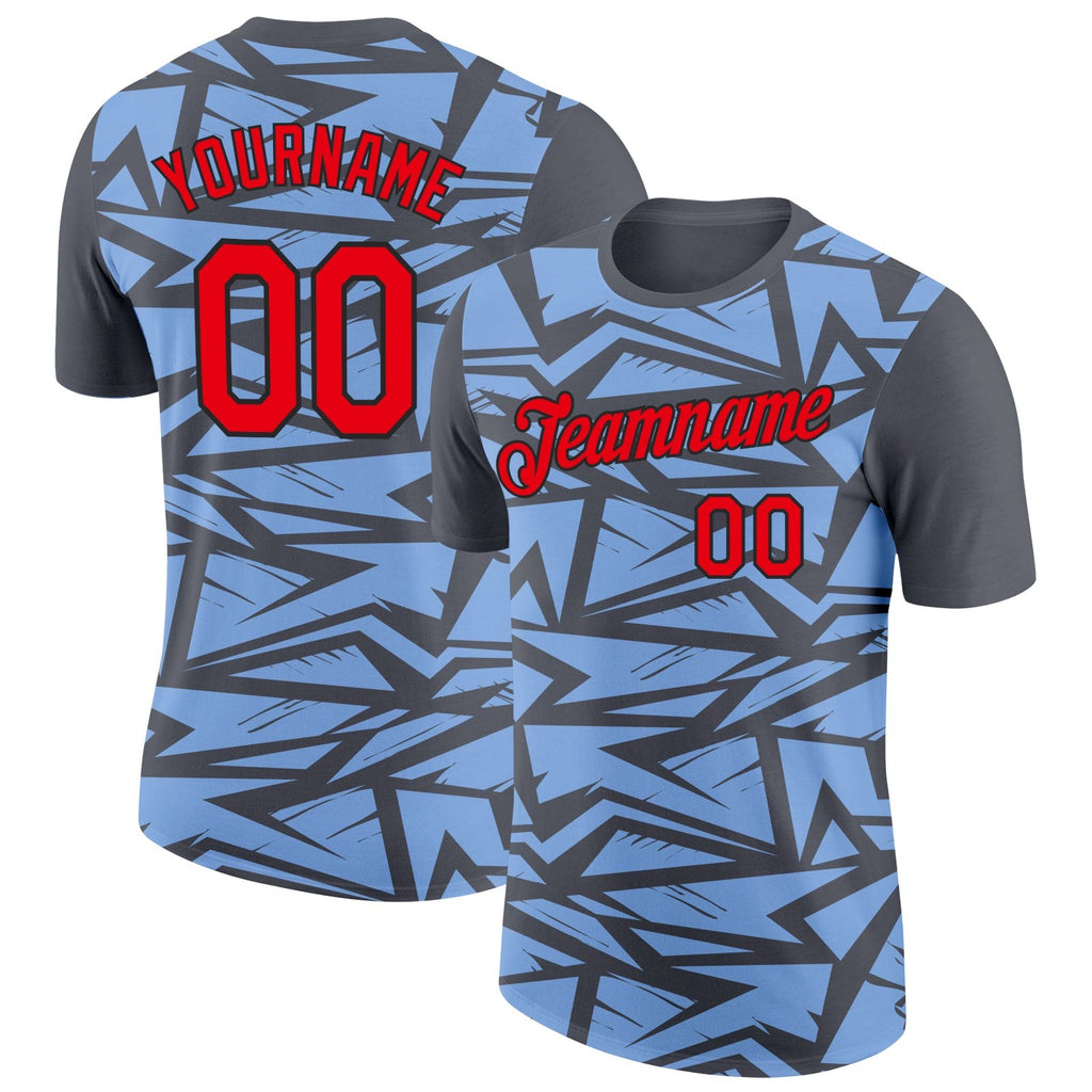 Custom Steel Gray Fire Red Light Blue-Black 3D Esports Performance T-Shirt photo 1