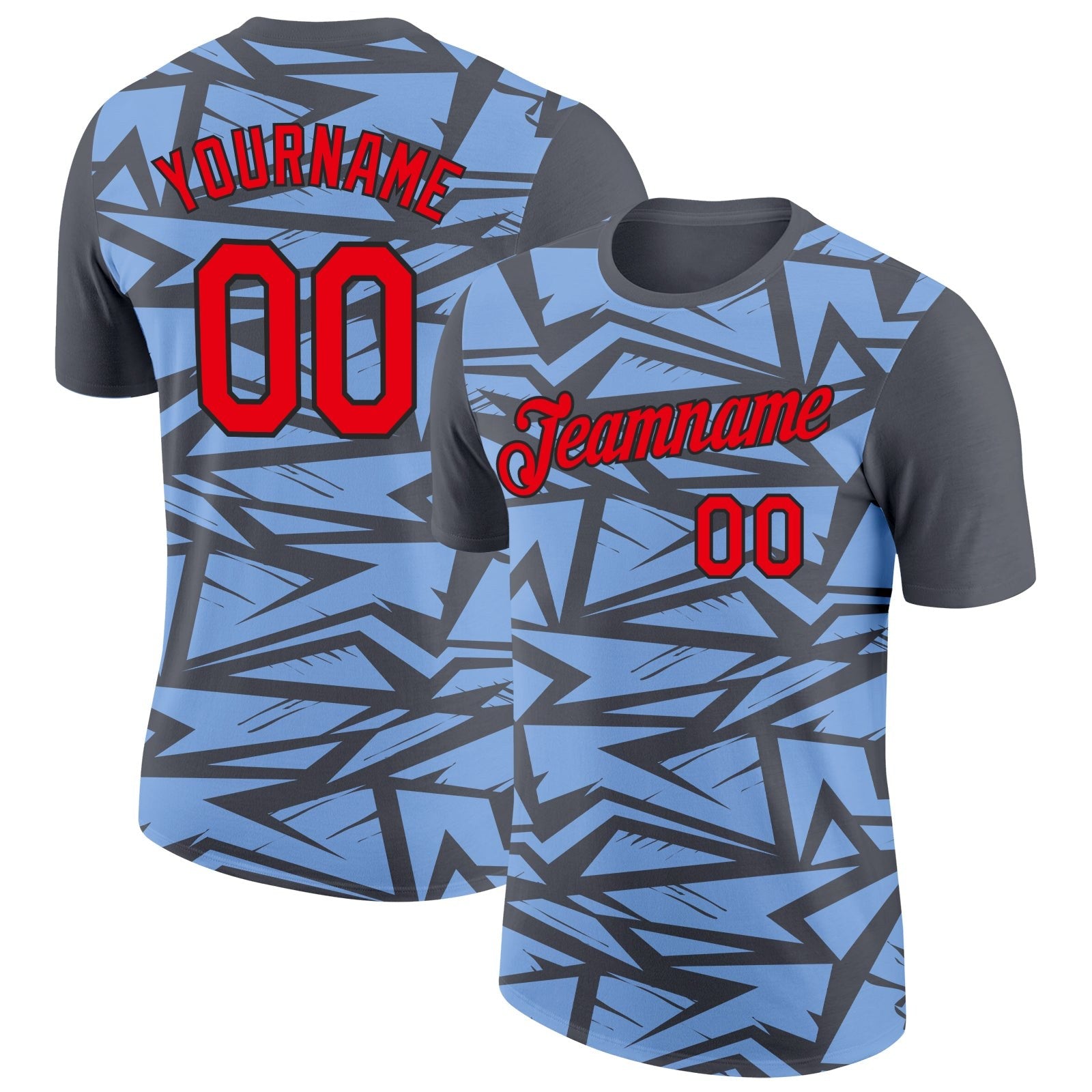 Custom Steel Gray Fire Red Light Blue-Black 3D Esports Performance T-Shirt photo 1