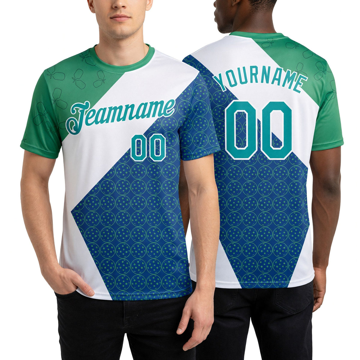 Custom Green Teal Blue-White 3D Pickleball Paddles Balls Performance T-Shirt worn front and back