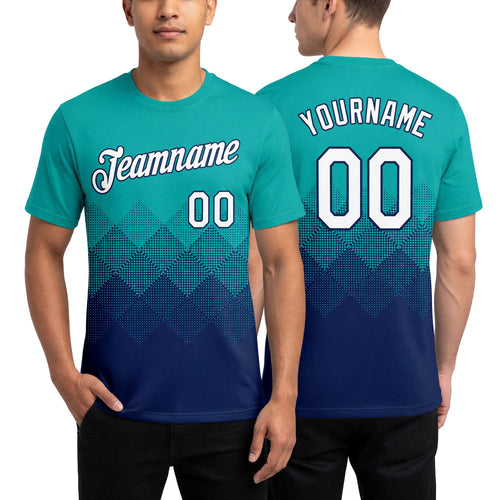 Custom Aqua White-Navy 3D Pattern Design Gradient Square Shapes Performance T-Shirt worn front and back
