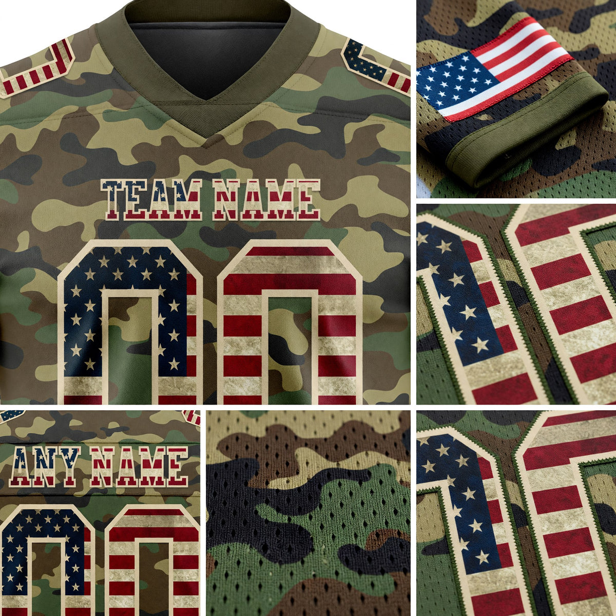 Custom Camo Vintage USA Flag Cream-Olive 3D Pattern Salute To Service Authentic Football Jersey detail