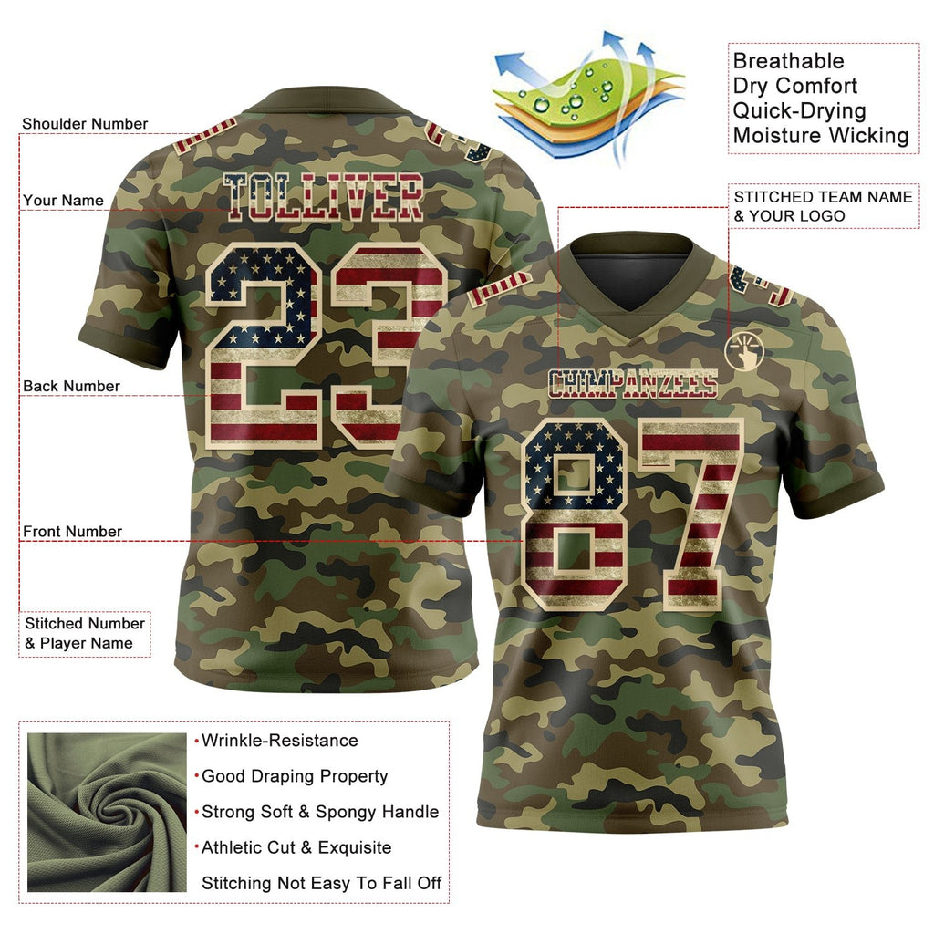 Custom Camo Vintage USA Flag Cream-Olive 3D Pattern Salute To Service Authentic Football Jersey photo 3