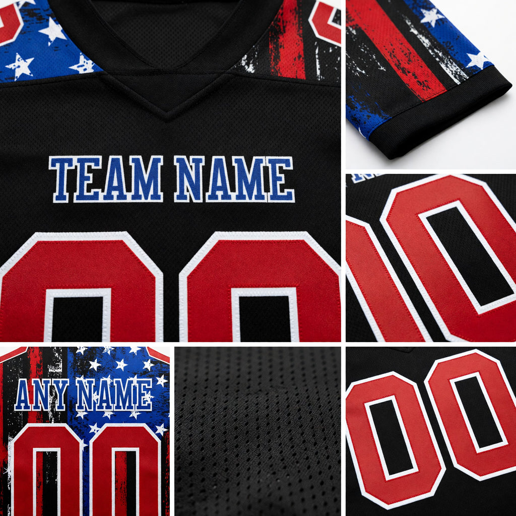 Custom Black Red Royal-White 3D Pattern American Flag Authentic Football Jersey detail
