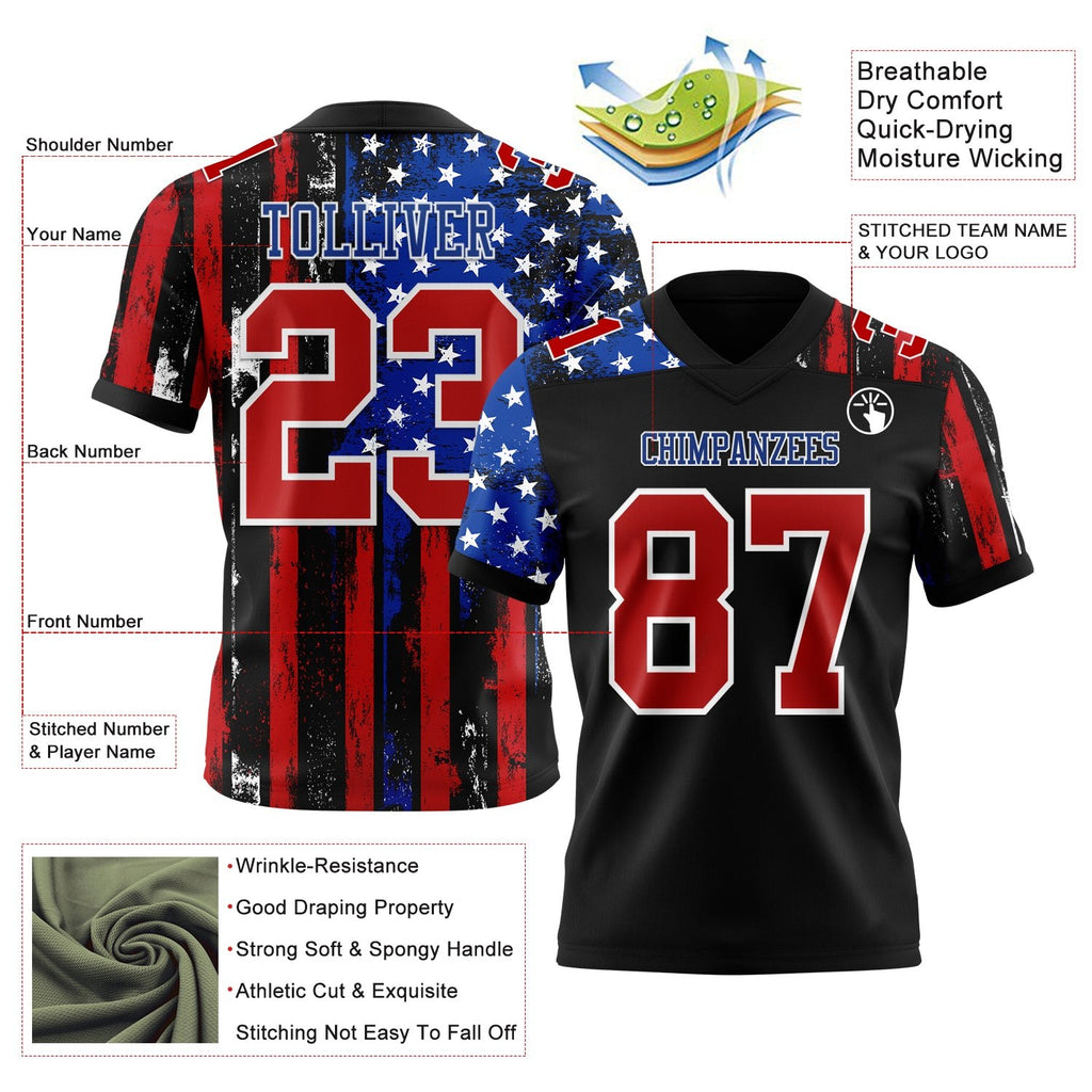 Custom Black Red Royal-White 3D Pattern American Flag Authentic Football Jersey photo 3
