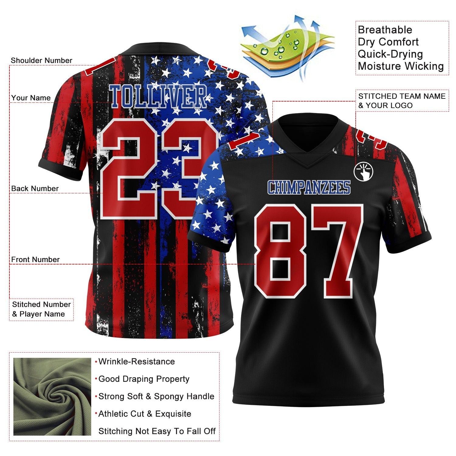 Custom Black Red Royal-White 3D Pattern American Flag Authentic Football Jersey photo 3