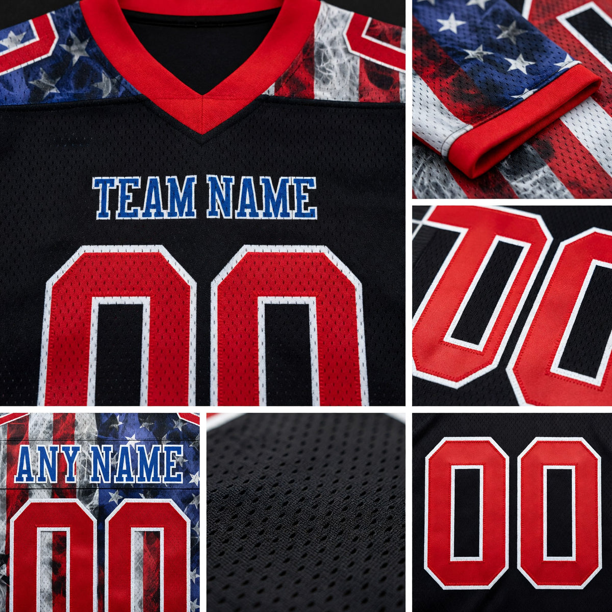 Custom Black Red Royal-White 3D Pattern American Flag Authentic Football Jersey detail
