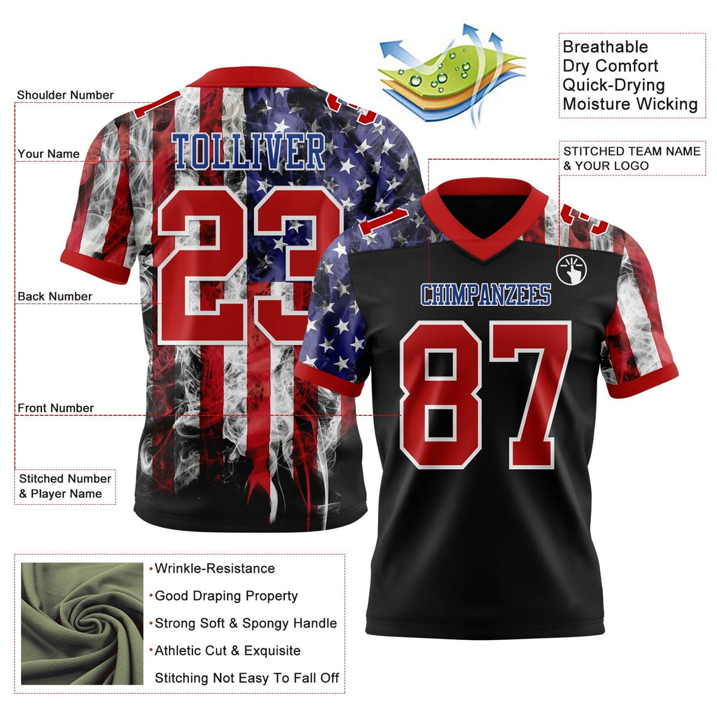 Custom Black Red Royal-White 3D Pattern American Flag Authentic Football Jersey photo 3