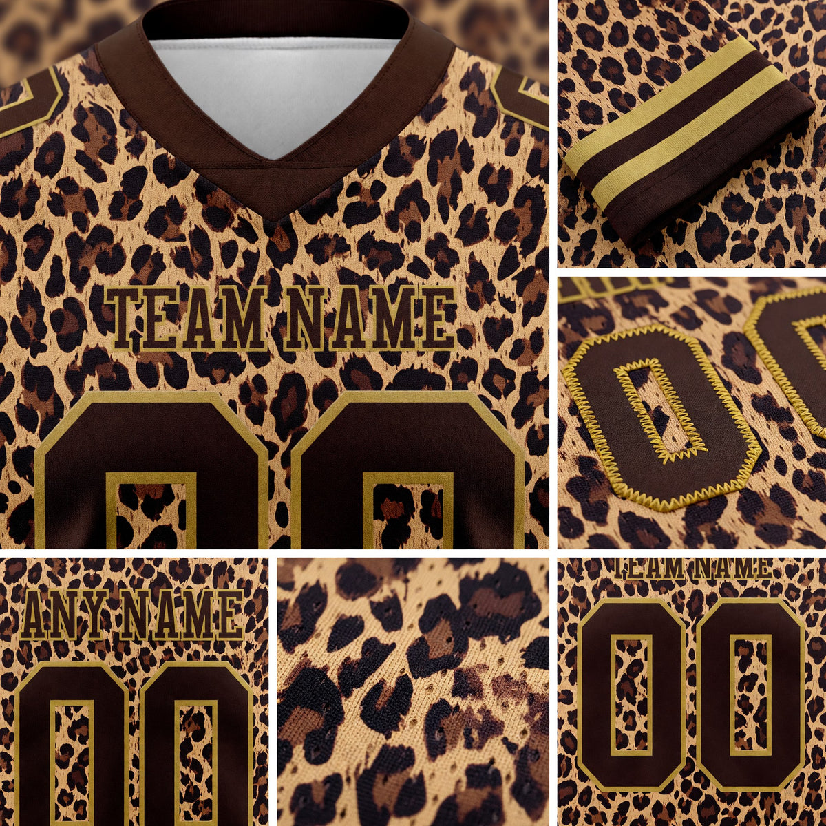 Custom Brown Old Gold 3D Pattern Leopard Print Authentic Football Jersey detail