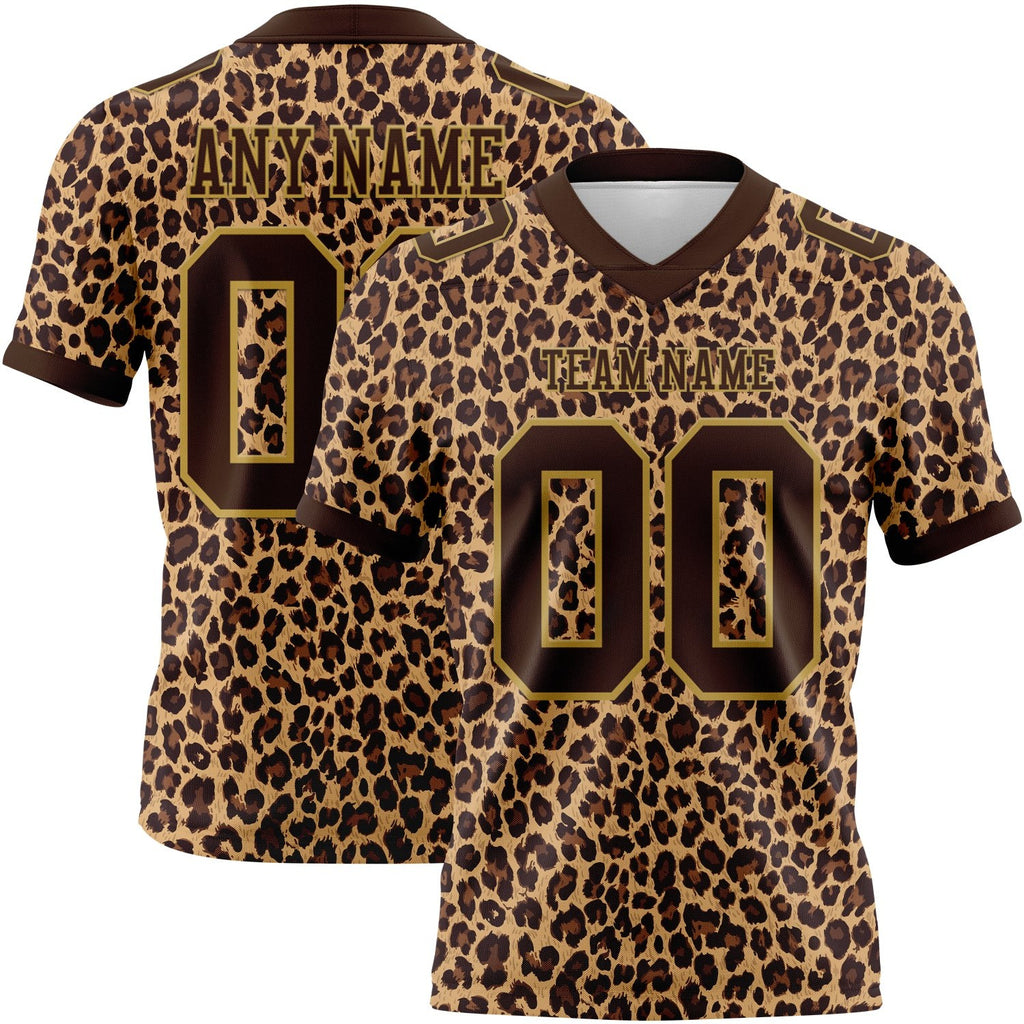 Custom Brown Old Gold 3D Pattern Leopard Print Authentic Football Jersey photo 1