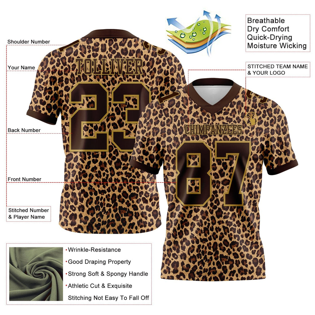 Custom Brown Old Gold 3D Pattern Leopard Print Authentic Football Jersey photo 3