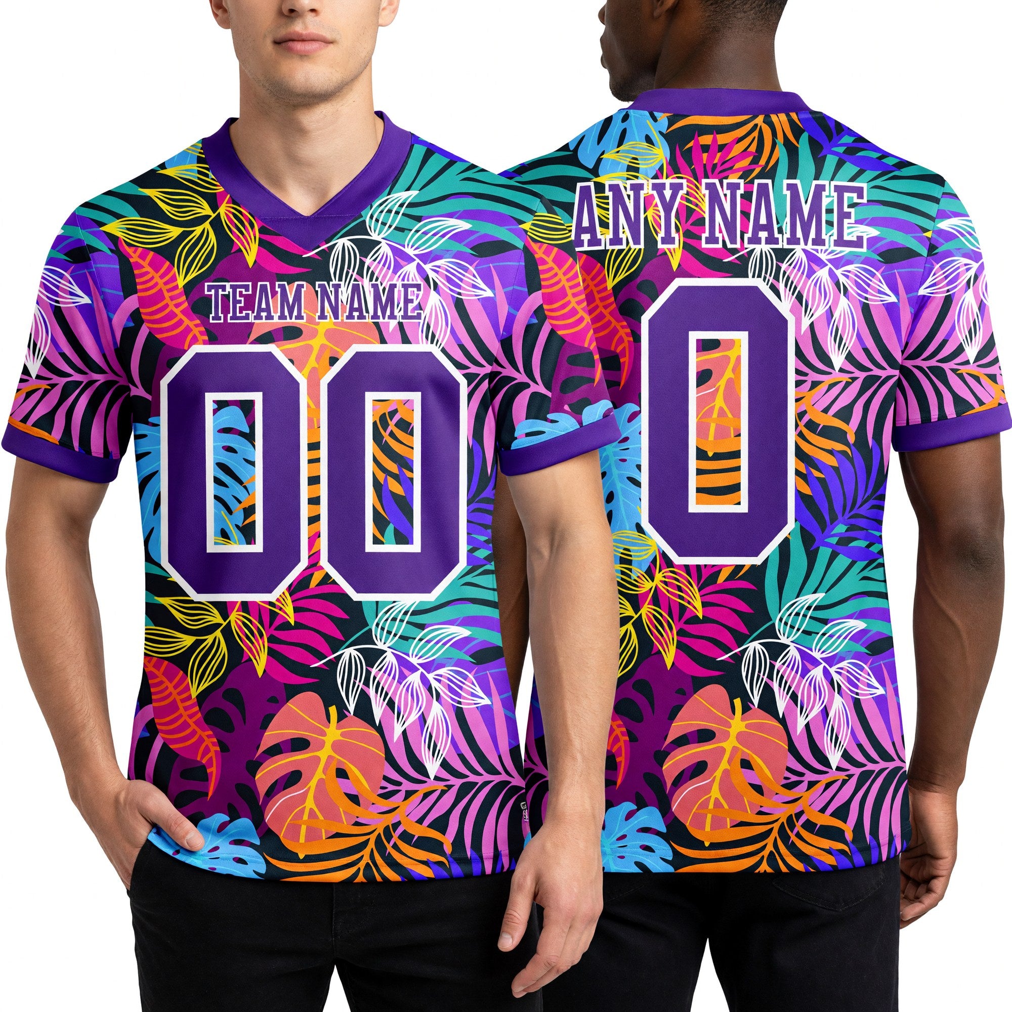 Custom Black Purple-White 3D Pattern Tropical Hawaii Jungle Leaves Authentic Football Jersey worn front and back