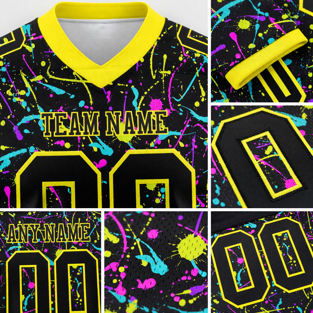 Custom Graffiti Pattern Black-Light Yellow 3D Pattern Splash Authentic Football Jersey detail