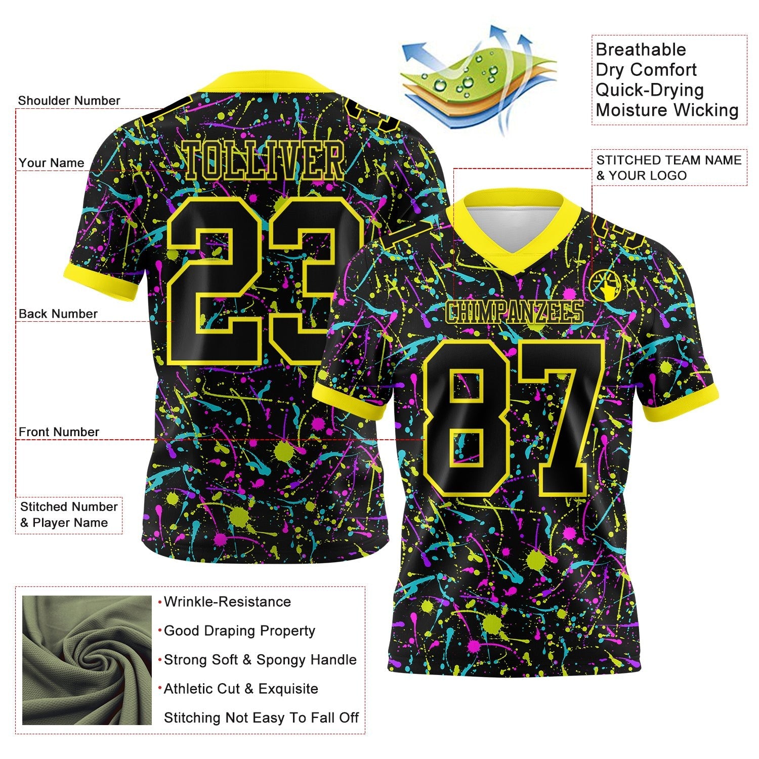 Custom Graffiti Pattern Black-Light Yellow 3D Pattern Splash Authentic Football Jersey photo 3