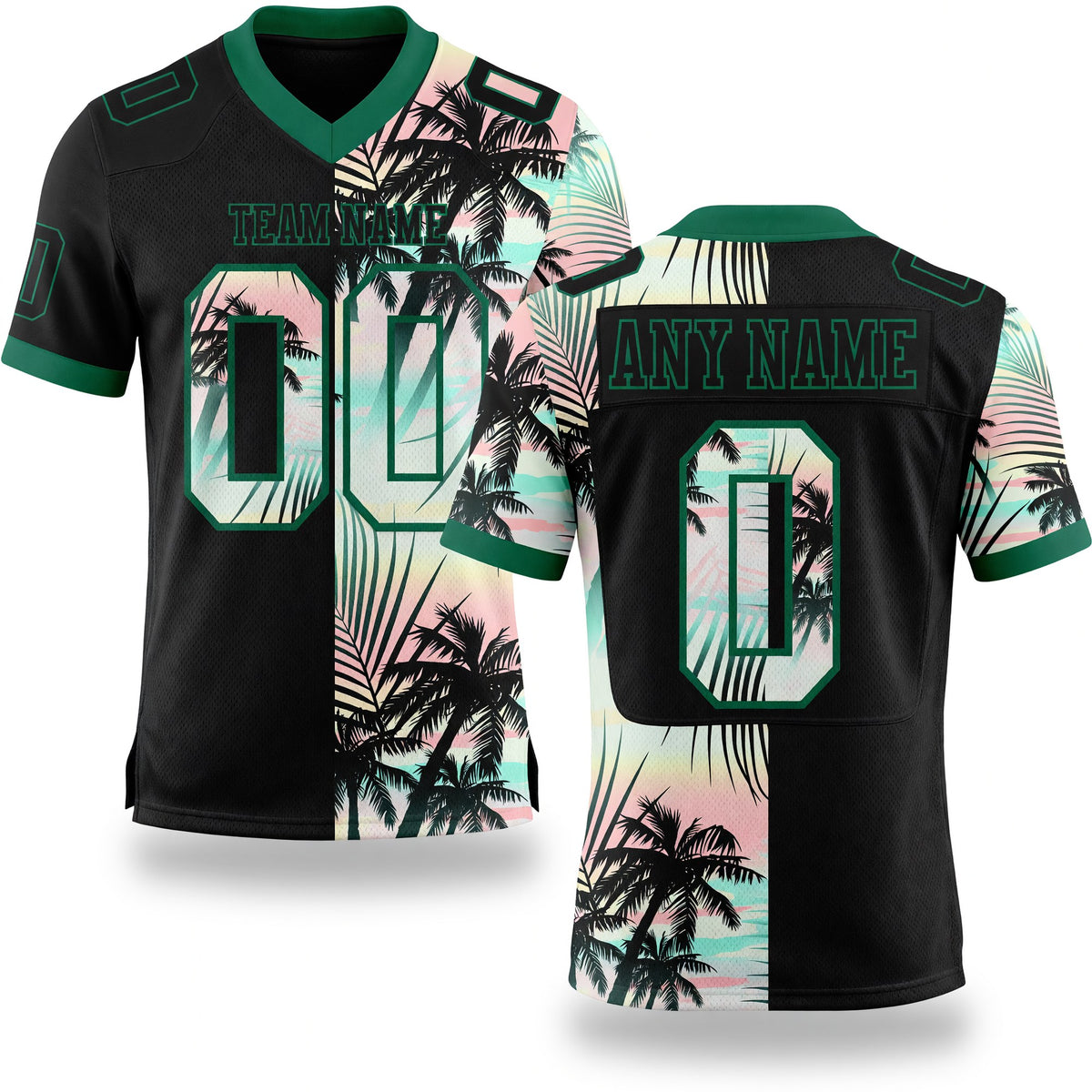 Custom Black Kelly Green 3D Pattern Tropical Hawaii Palm Leaves Authentic Football Jersey