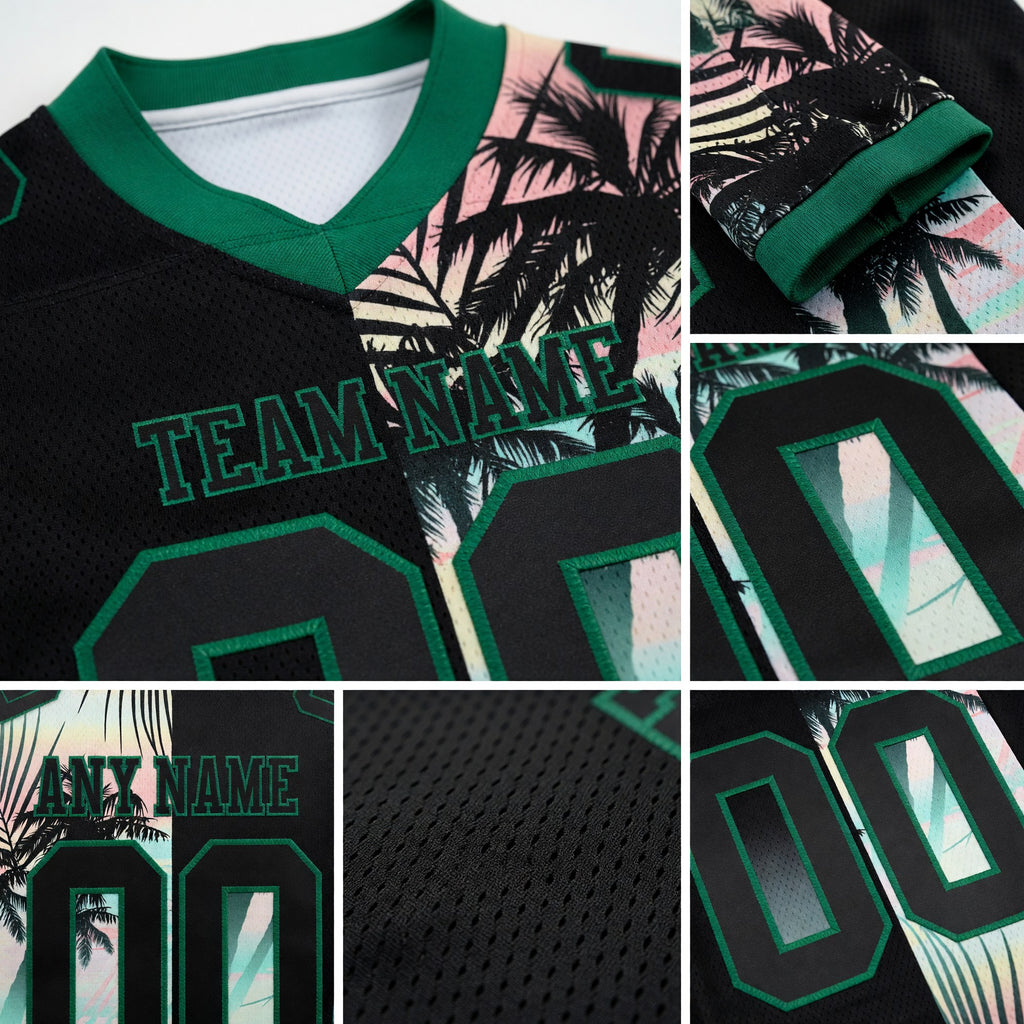 Custom Black Kelly Green 3D Pattern Tropical Hawaii Palm Leaves Authentic Football Jersey detail