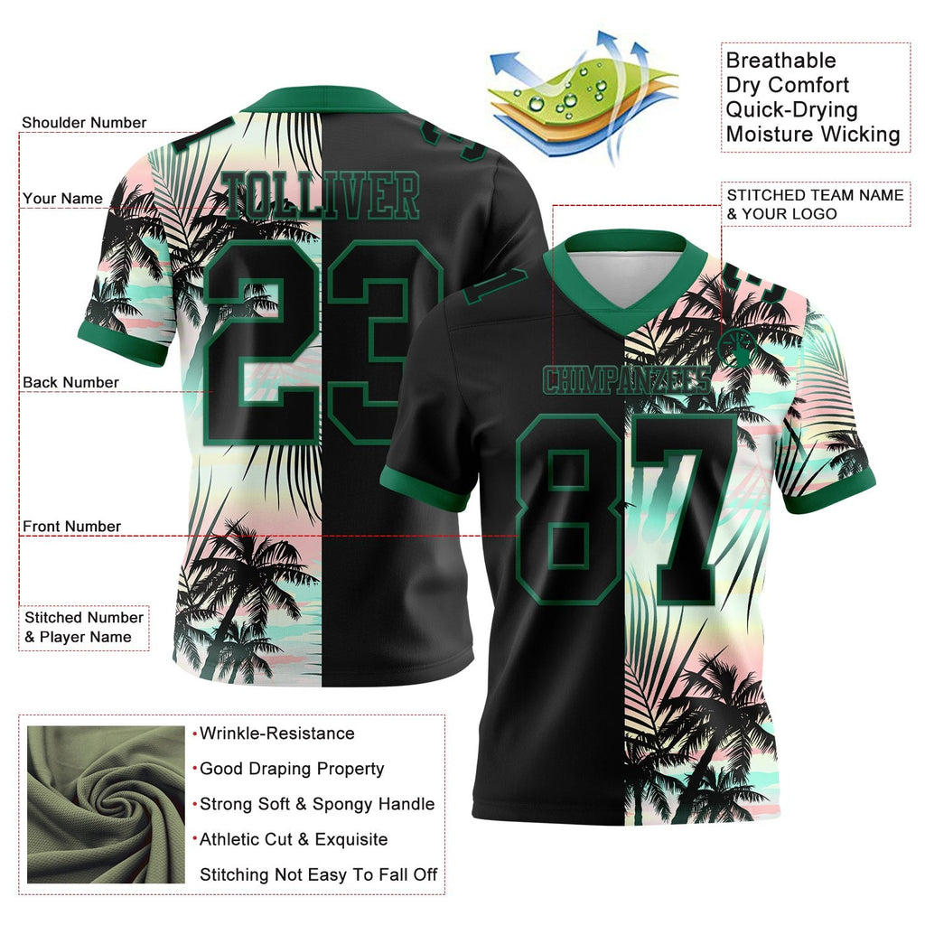 Custom Black Kelly Green 3D Pattern Tropical Hawaii Palm Leaves Authentic Football Jersey photo 3