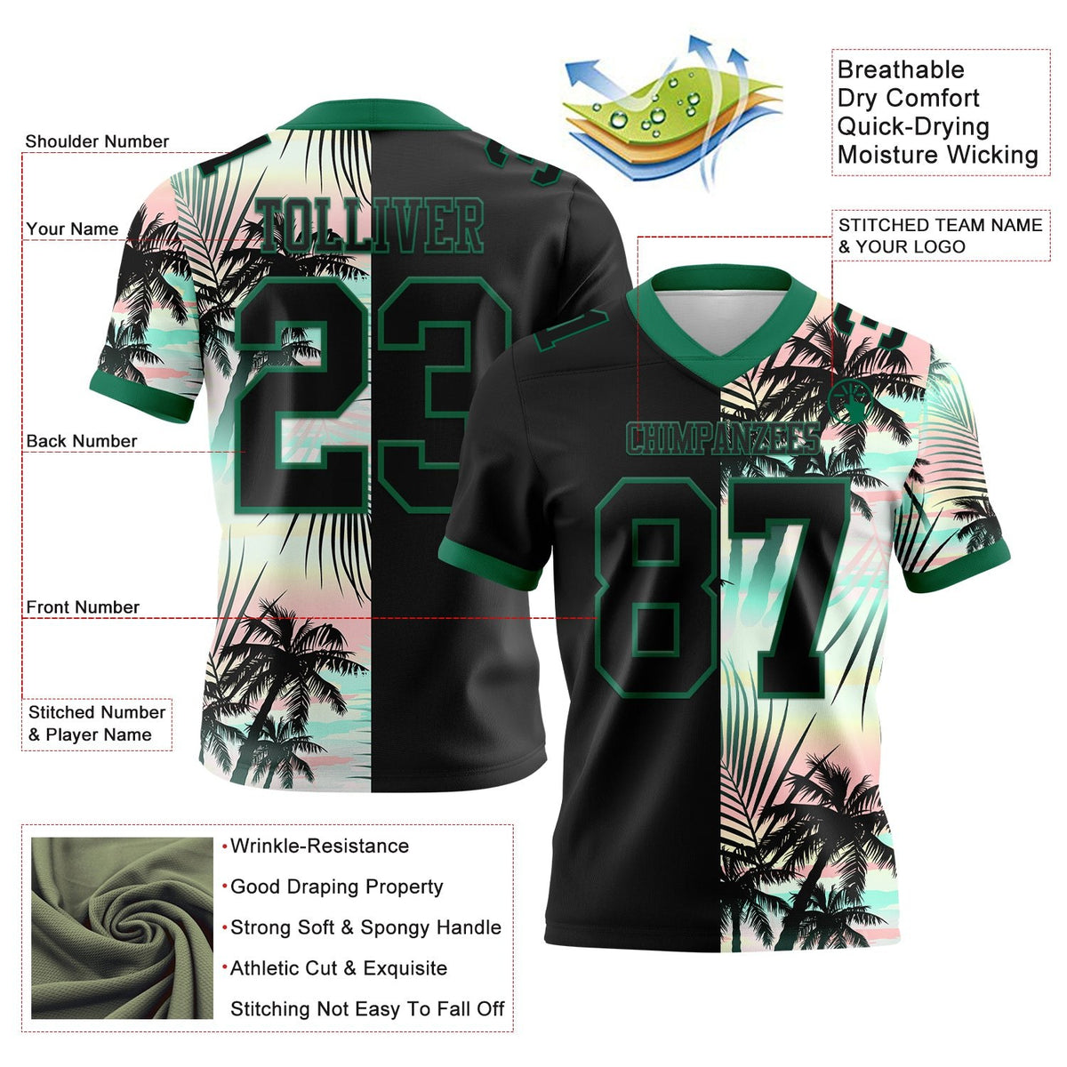 Custom Black Kelly Green 3D Pattern Tropical Hawaii Palm Leaves Authentic Football Jersey photo 3