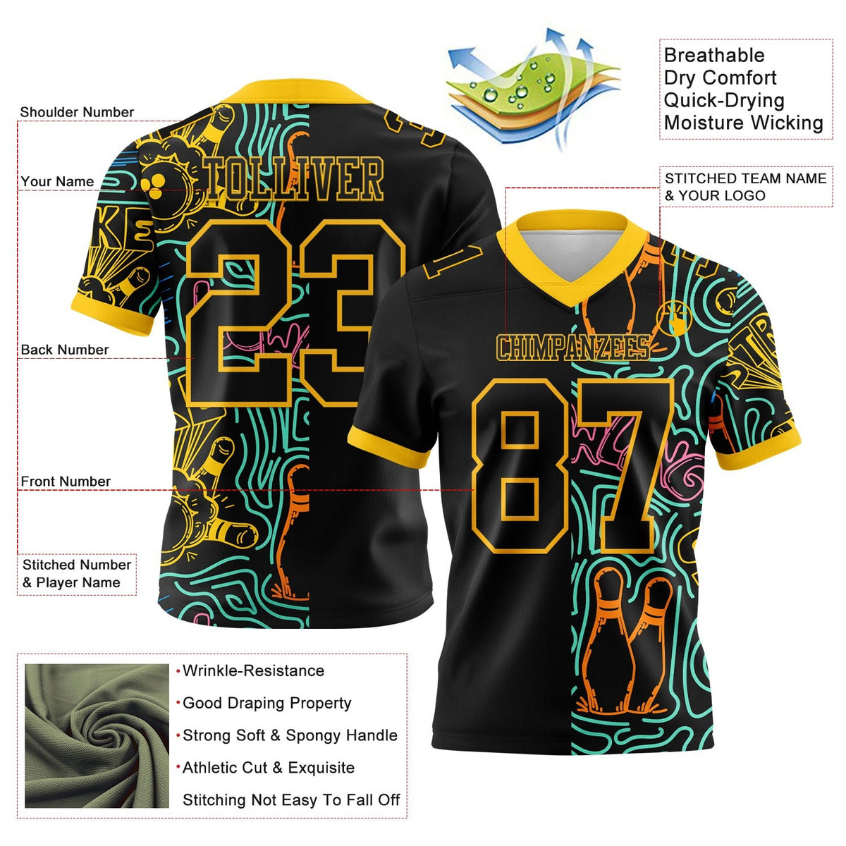 Custom Black Yellow 3D Pattern Bowling Authentic Football Jersey photo 3