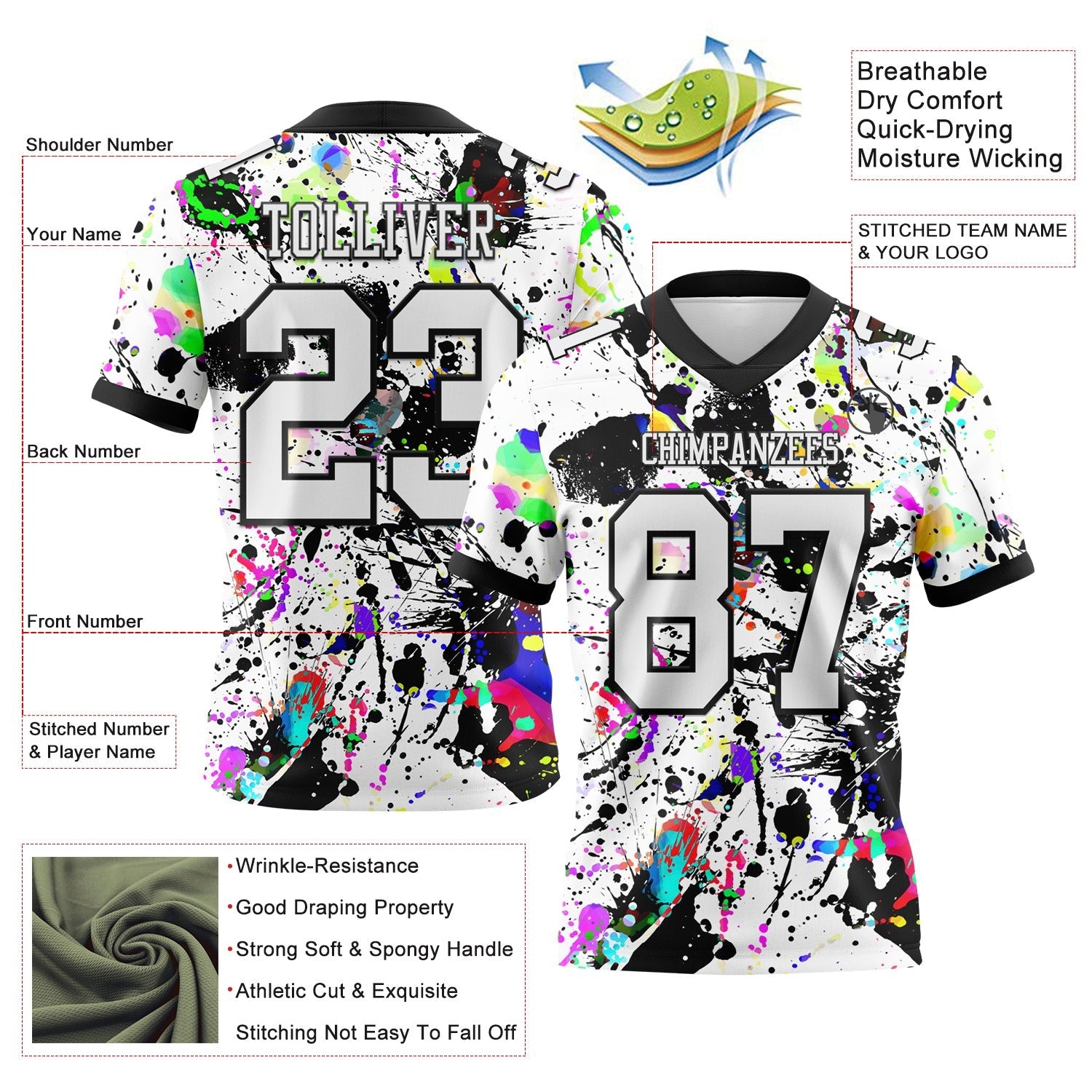 Custom Graffiti Pattern White-Black 3D Pattern Splash Authentic Football Jersey photo 2