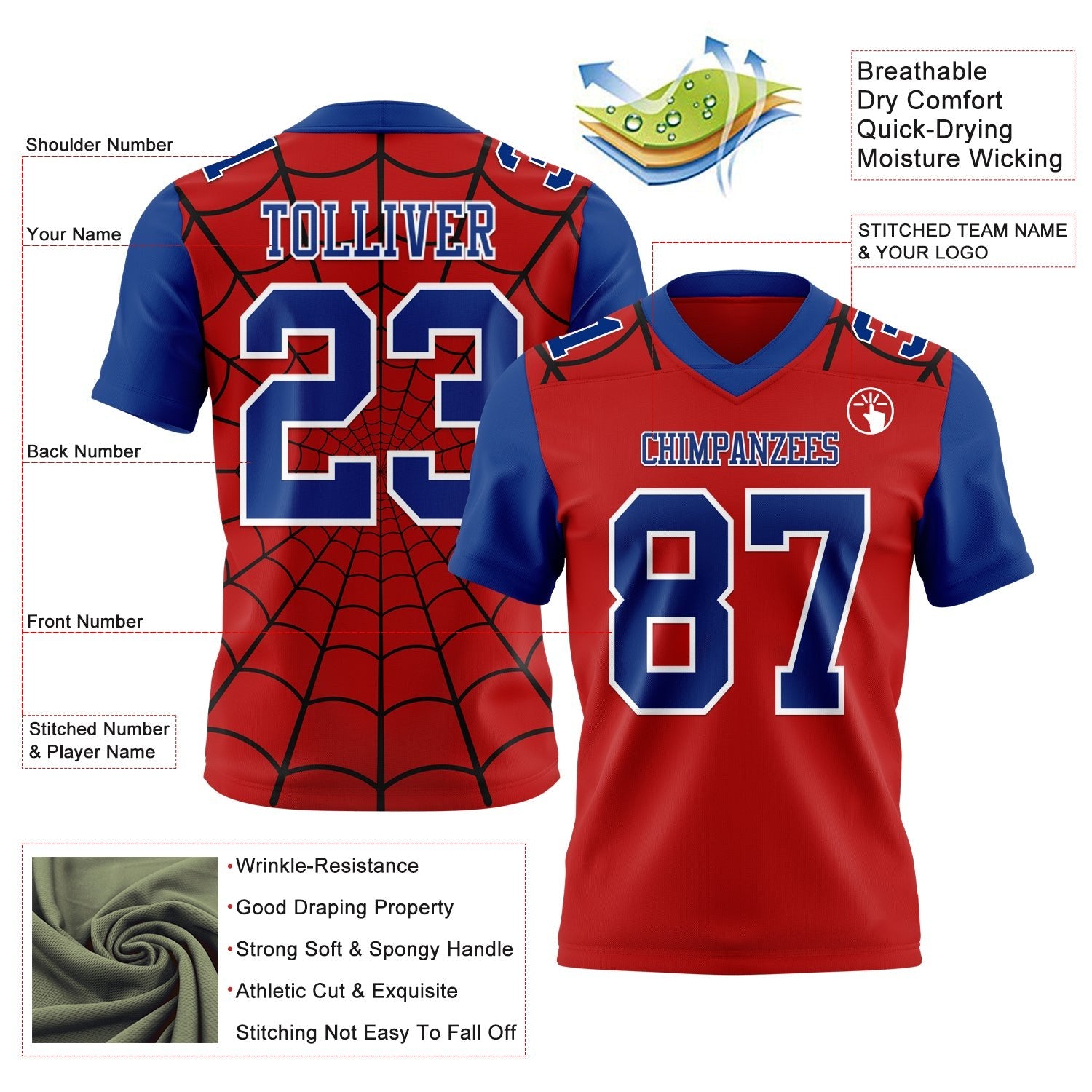 Custom Red Royal-White 3D Pattern Spider Web Authentic Football Jersey photo 3