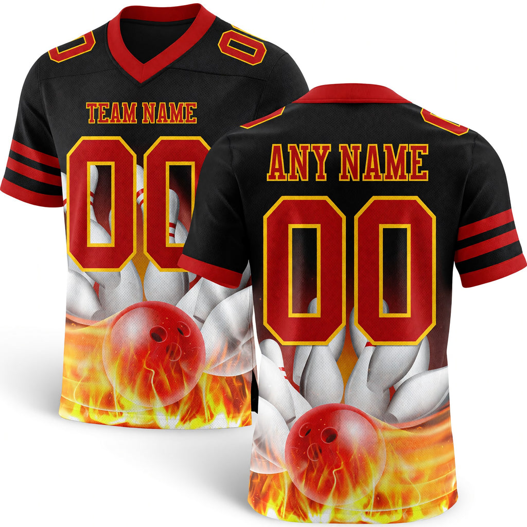 Custom Black Red-Yellow 3D Pattern Flame Bowling Authentic Football Jersey