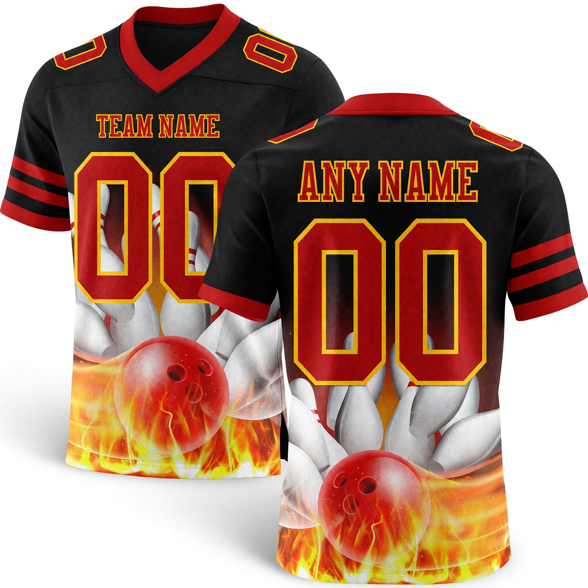 Custom Black Red-Yellow 3D Pattern Flame Bowling Authentic Football Jersey