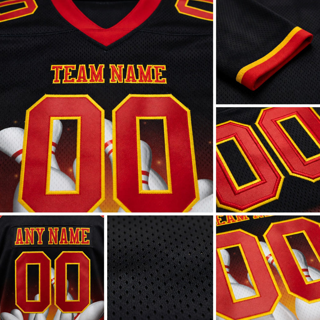 Custom Black Red-Yellow 3D Pattern Flame Bowling Authentic Football Jersey detail