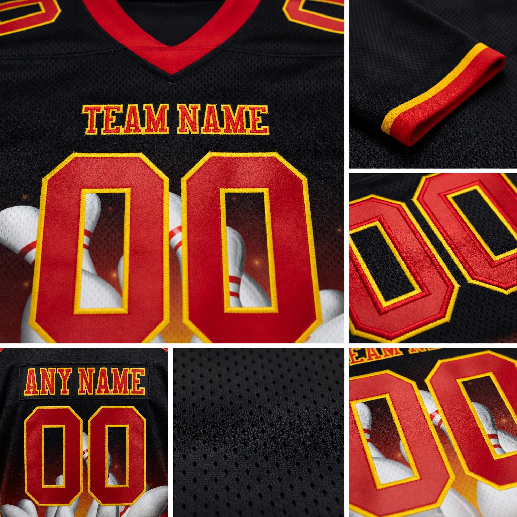 Custom Black Red-Yellow 3D Pattern Flame Bowling Authentic Football Jersey detail