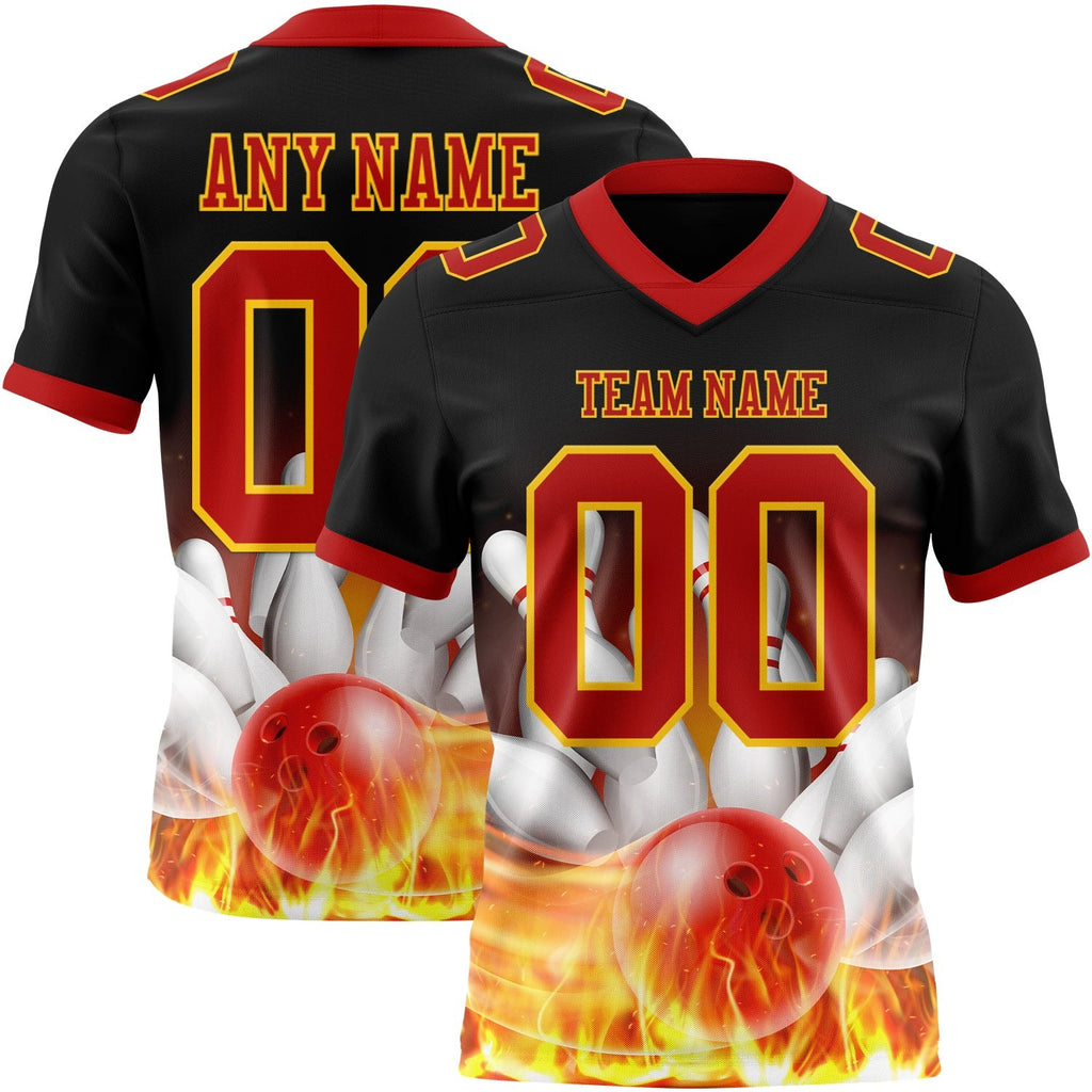 Custom Black Red-Yellow 3D Pattern Flame Bowling Authentic Football Jersey photo 1