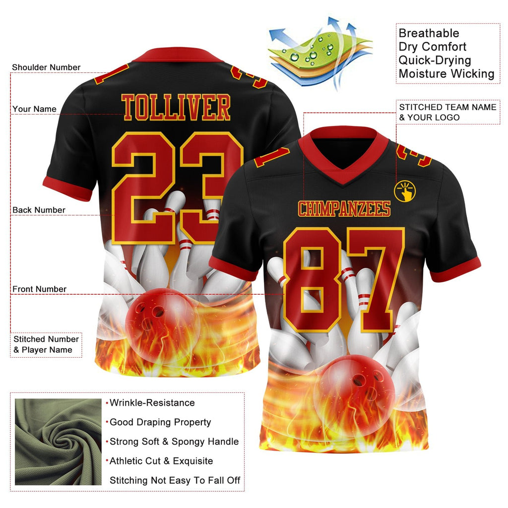 Custom Black Red-Yellow 3D Pattern Flame Bowling Authentic Football Jersey photo 3