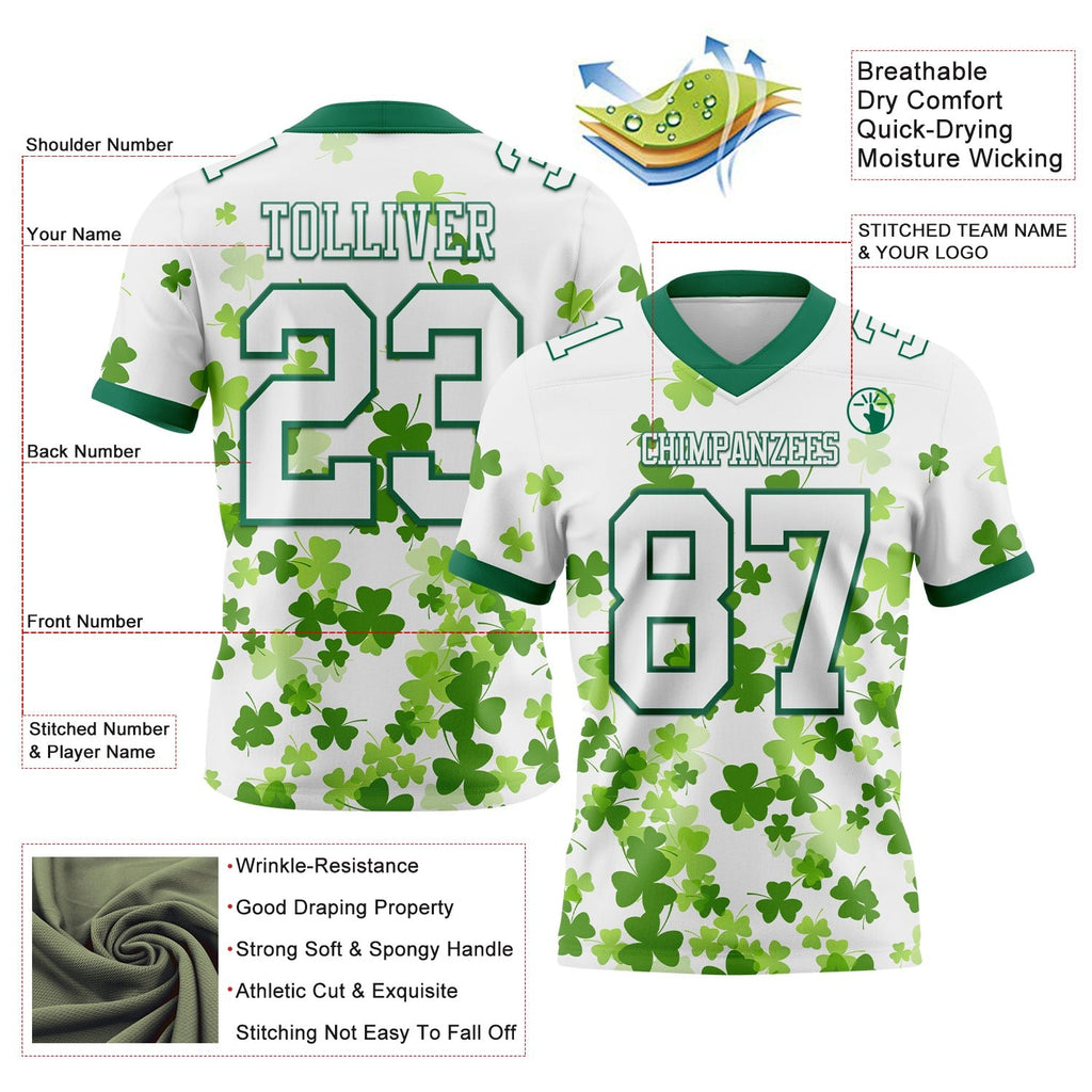 Custom White Kelly Green 3D Pattern St. Patrick's Day Authentic Football Jersey photo 3