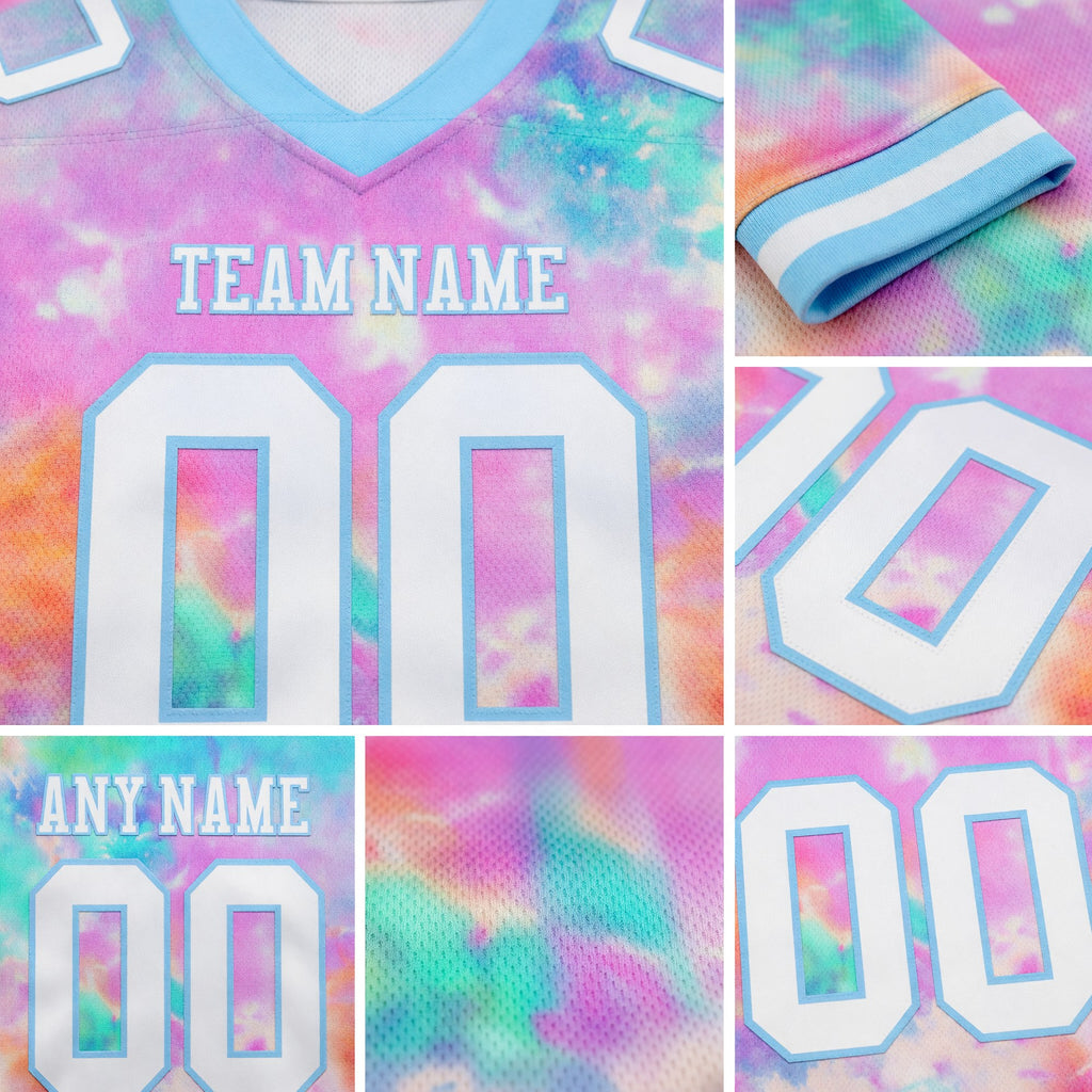 Custom Tie Dye White-Light Blue 3D Pattern Rainbow Authentic Football Jersey detail