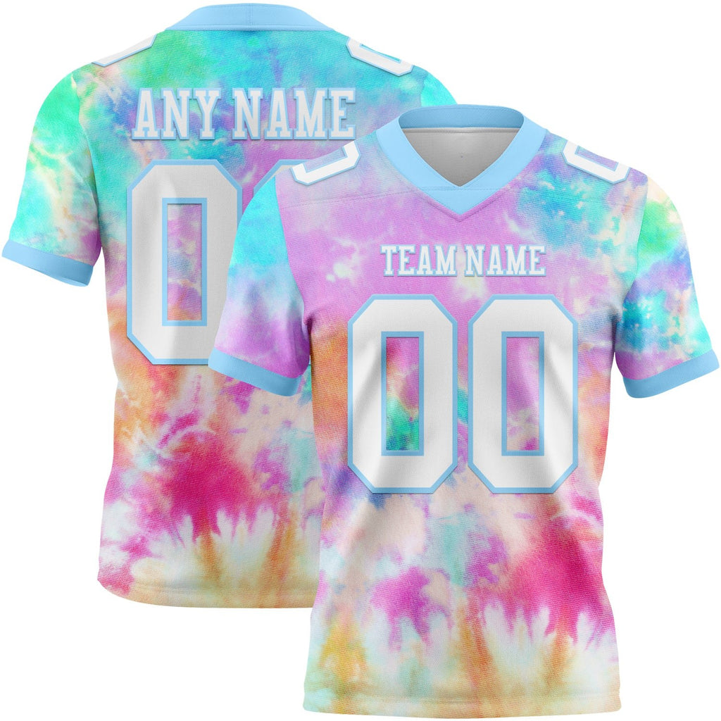 Custom Tie Dye White-Light Blue 3D Pattern Rainbow Authentic Football Jersey photo 1