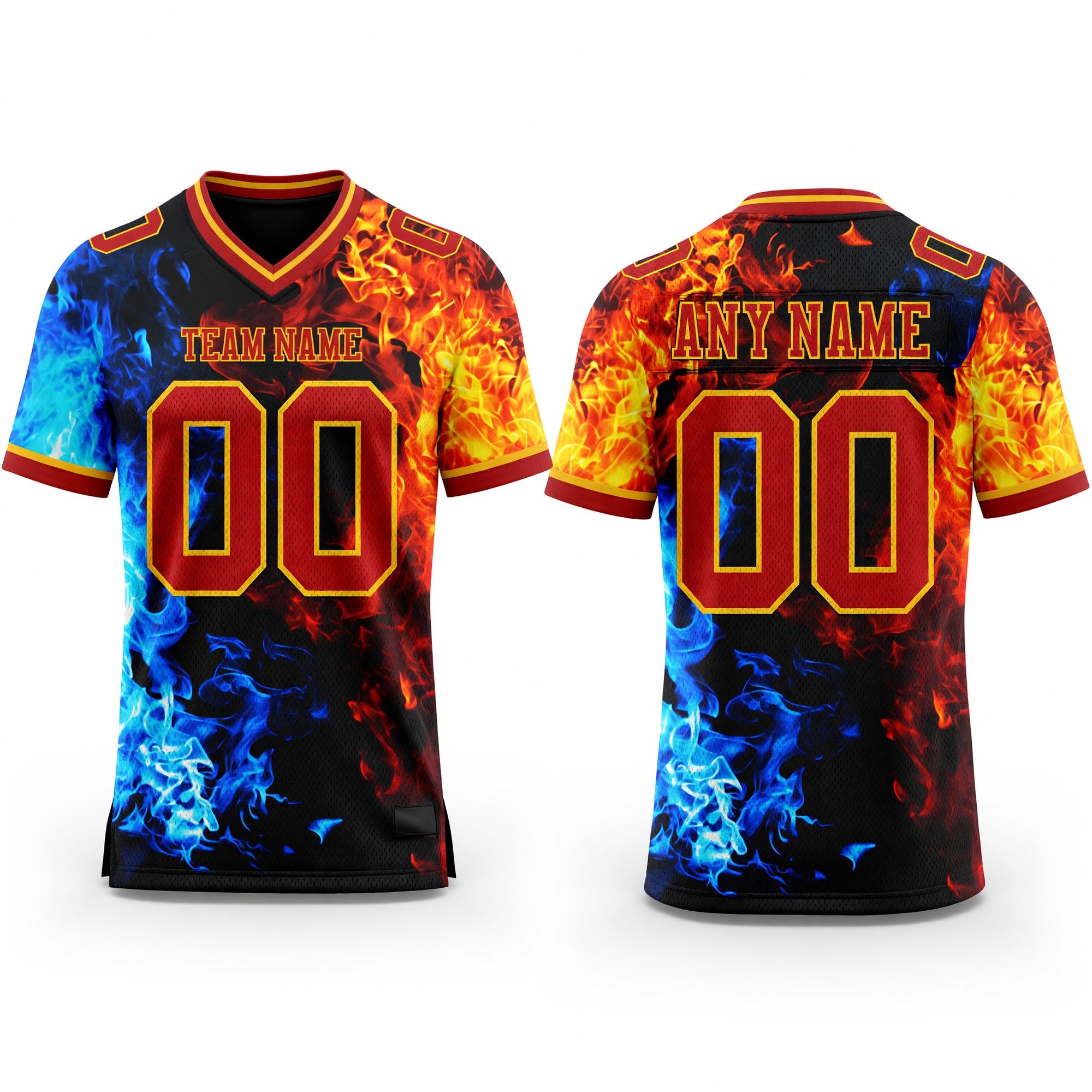 Custom Red Gold 3D Pattern Flame Authentic Football Jersey