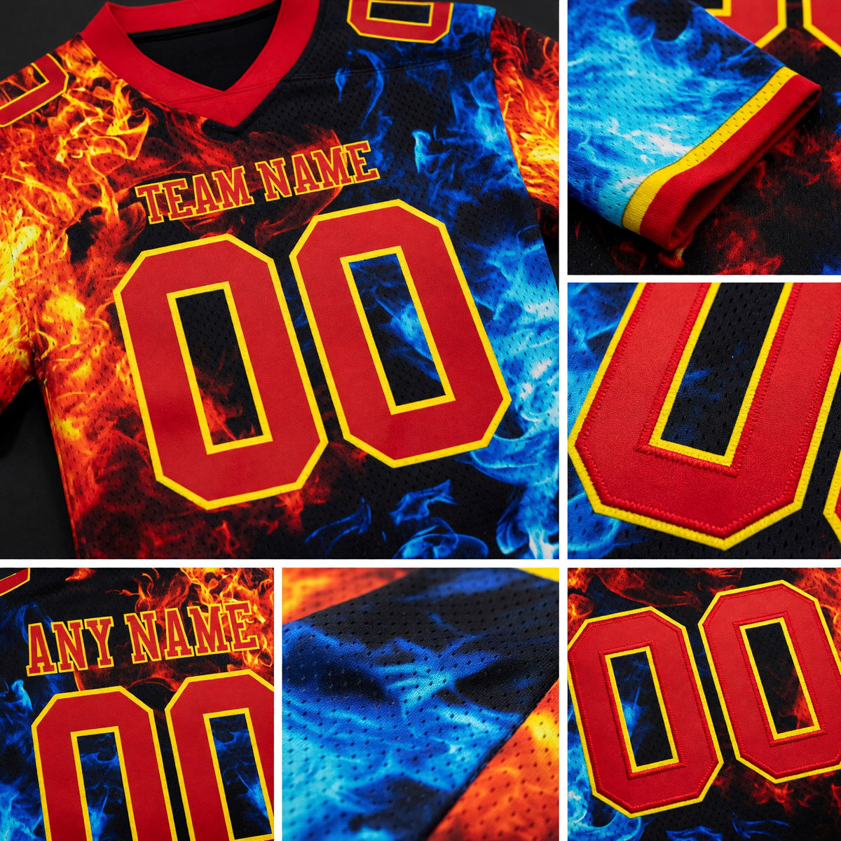 Custom Red Gold 3D Pattern Flame Authentic Football Jersey detail