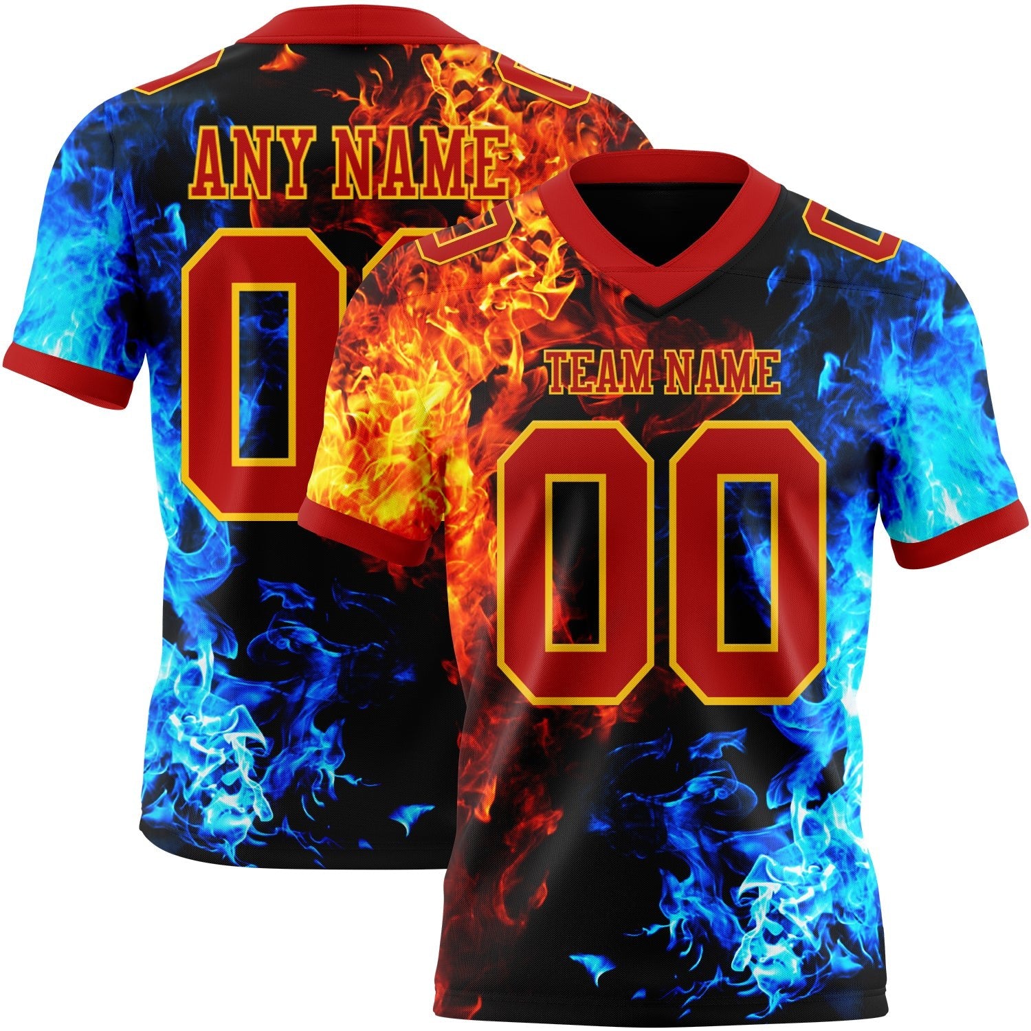 Custom Red Gold 3D Pattern Flame Authentic Football Jersey photo 1