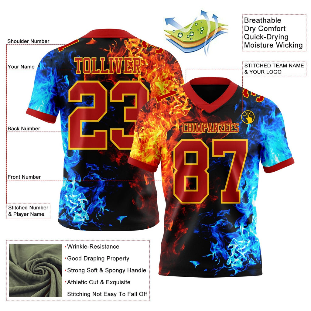 Custom Red Gold 3D Pattern Flame Authentic Football Jersey photo 3