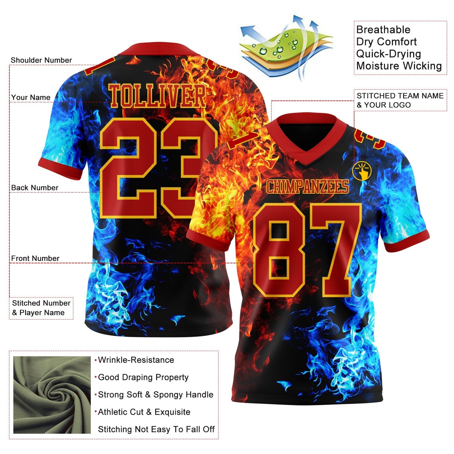 Custom Red Gold 3D Pattern Flame Authentic Football Jersey photo 3